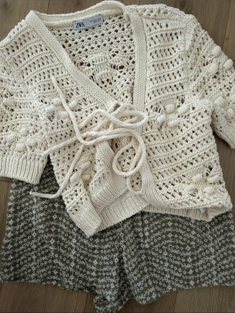 Zara Cream Crochet Knit Tie-Front Sweater